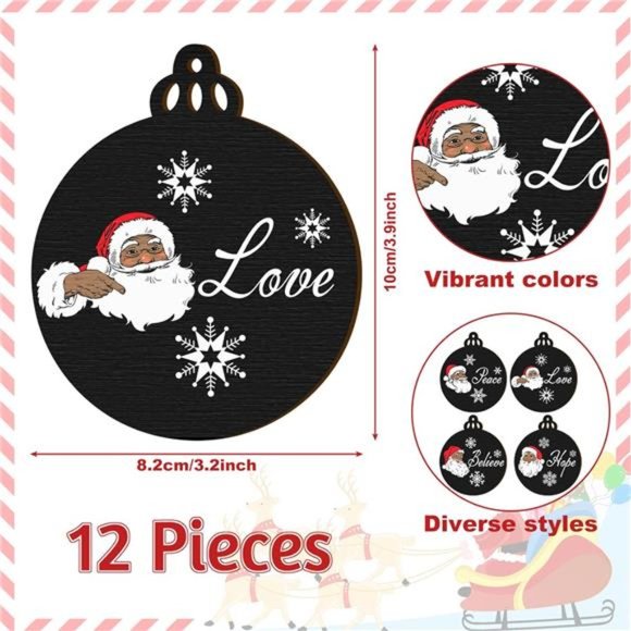African American Christmas Tree Ornament Wooden Black Santa (Black,12 Pcs) - Picture 2 of 7